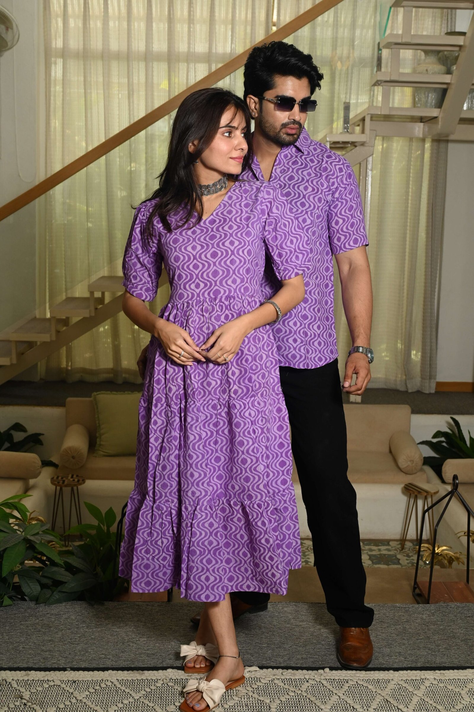 Couple Matching Purple Cotton Anarkali Midi Dress and Shirt Set ? Geometric Wave Print