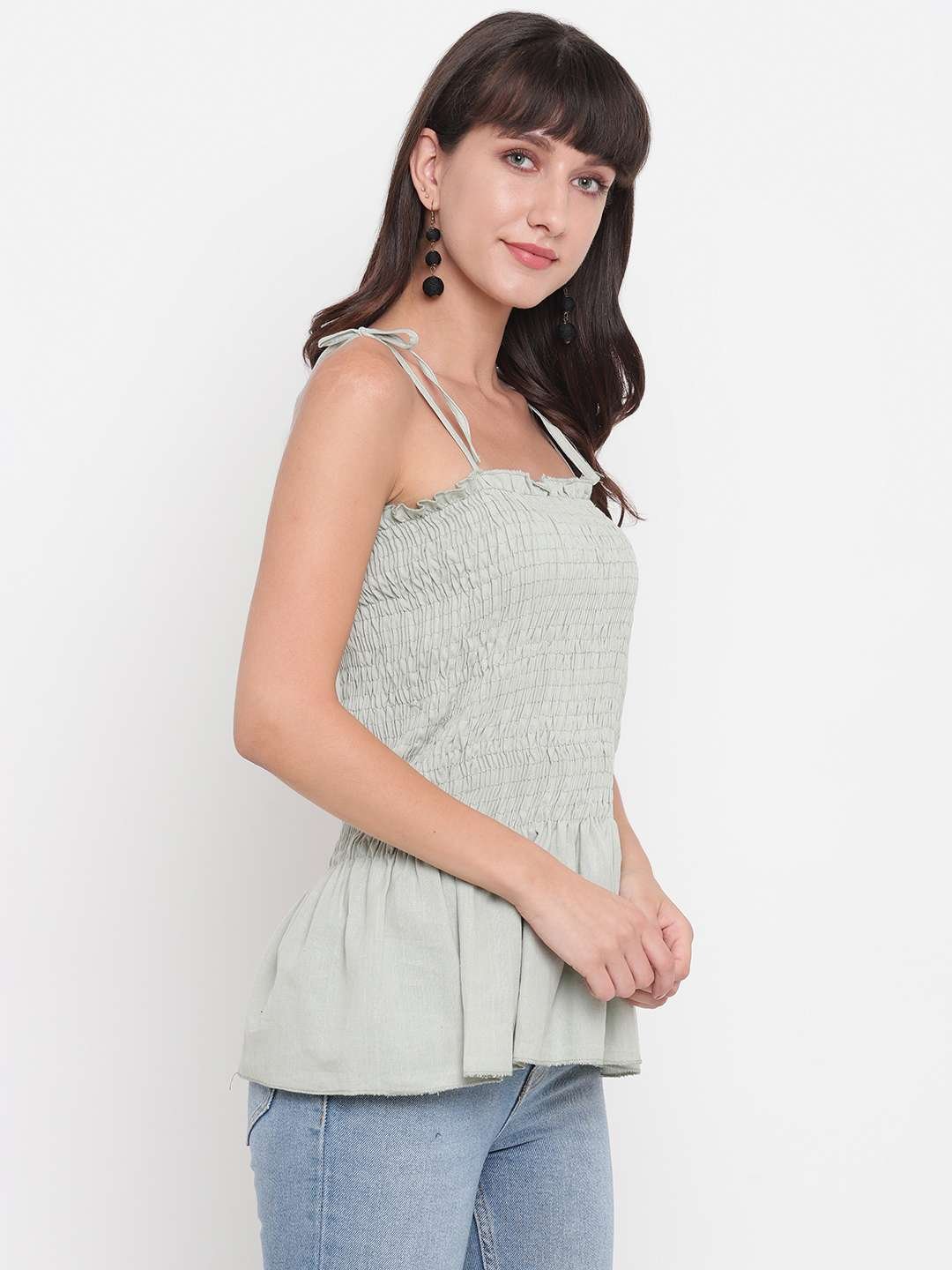 Women's Rayon Solid Casual Summer Style Tie Shoulder Straps Free Size Tank Top (Clouds)