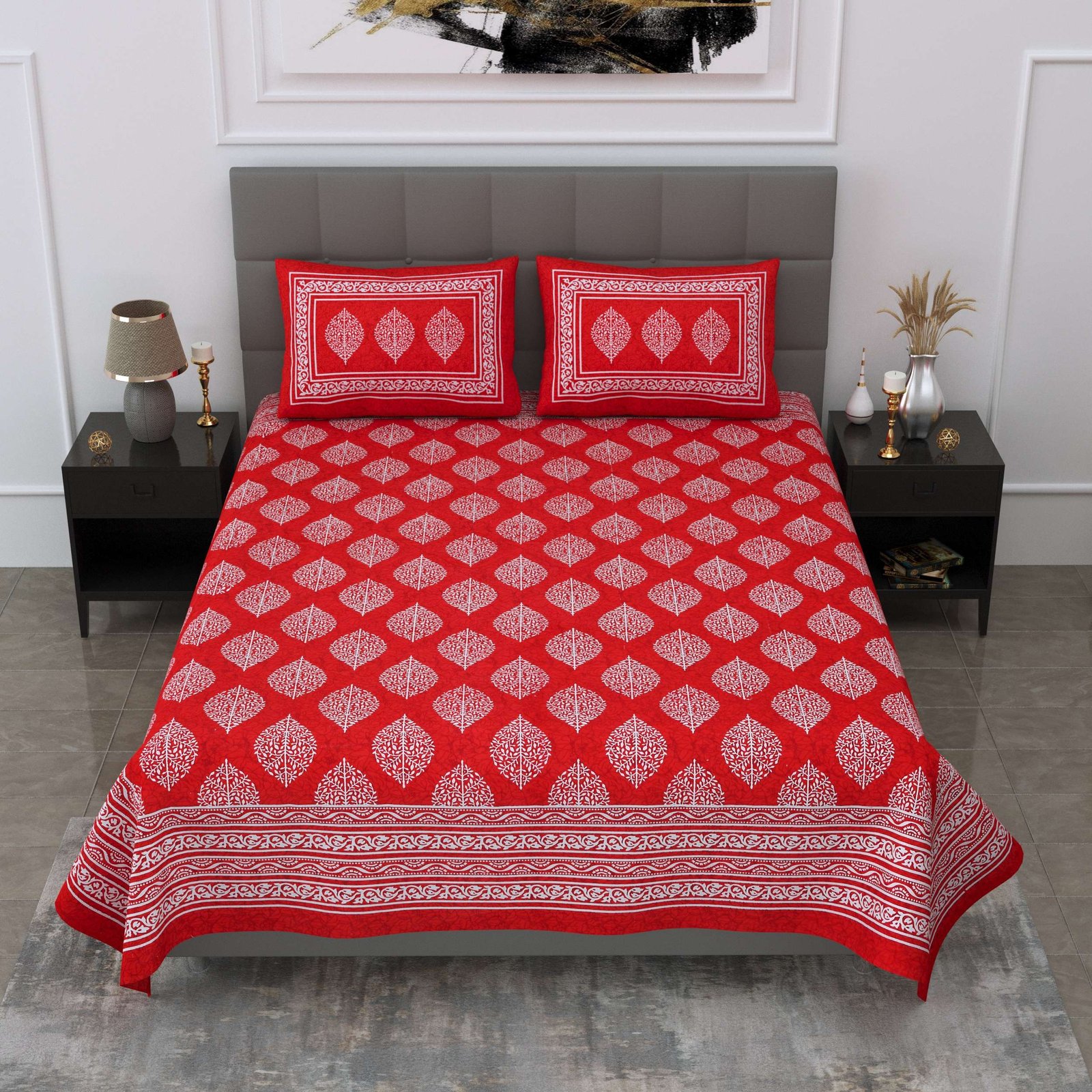 Rajasthani Traditionally Printed Cotton Doublebed Bedsheet With Pack of 2 Pillow Covers